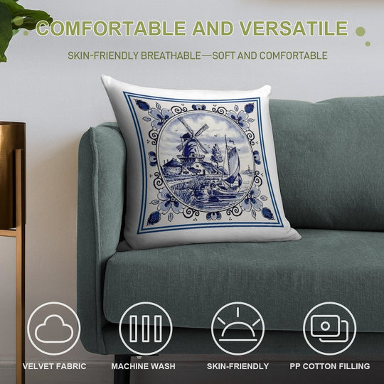 DUTCH BLUE DELFT Vintage Windmill Print Soft Gift Ready Throw Pillow
