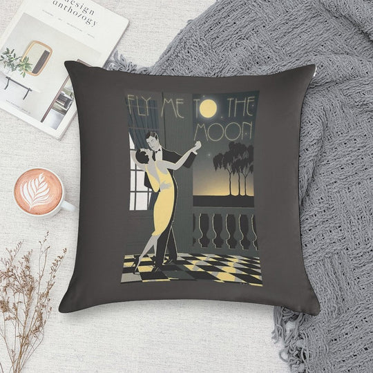 Fly Me To The Moon Vintage Art Deco Poster Soft Short Plush Fabric Throw Pillow