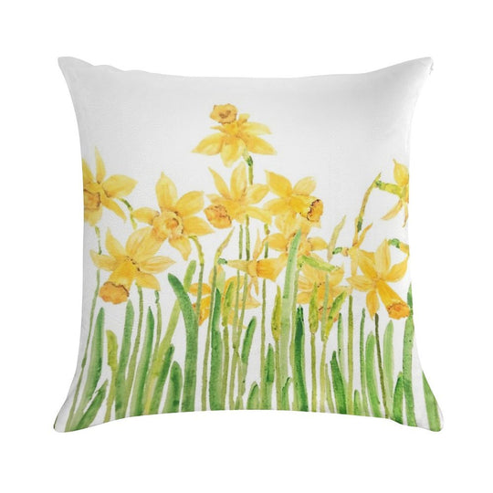 Hand Painted Yellow Daffodils Field Watercolor Soft Warmth Comfort Throw Pillow