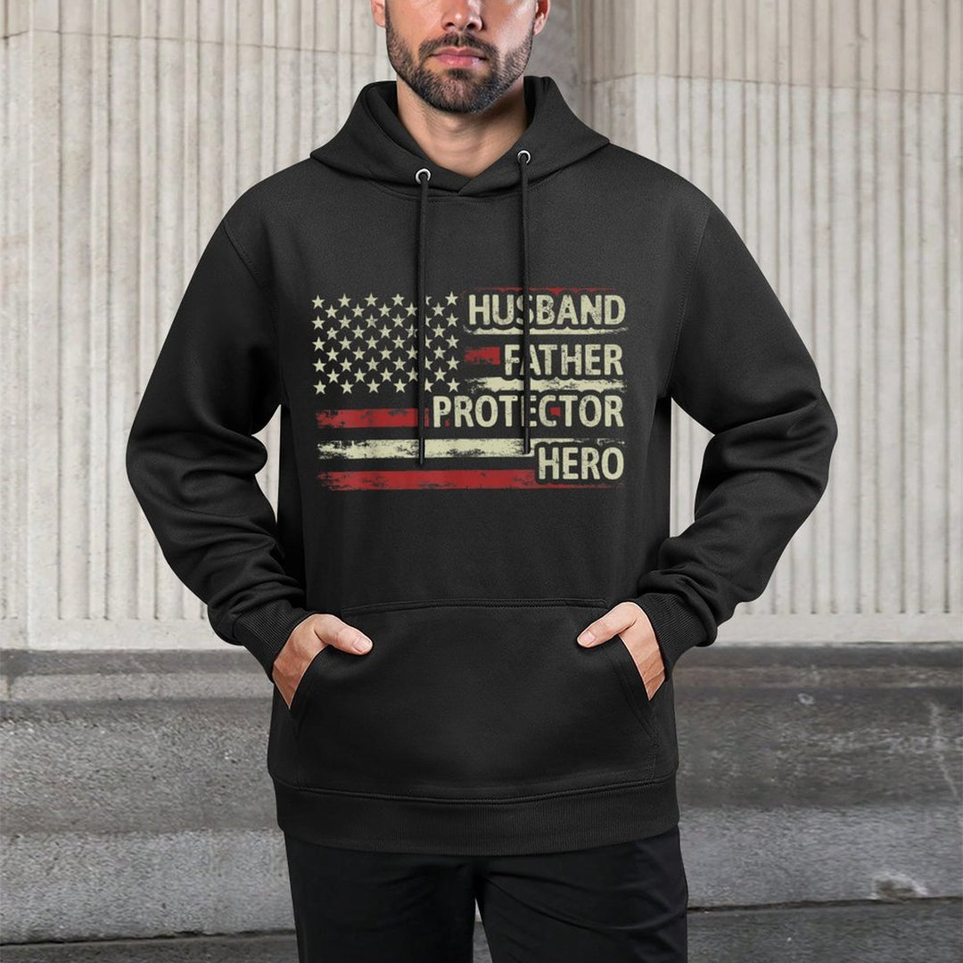 Mens Husband Father Protector Hero Dad American Fathers Day Easy Care Hoodie