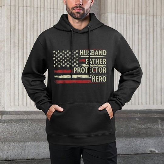 Mens Husband Father Protector Hero Dad American Fathers Day Easy Care Hoodie