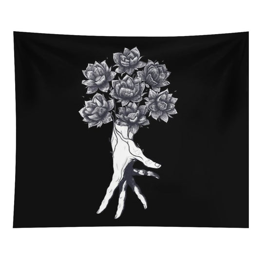 Hand with Lotuses on Black Tapestry