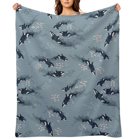 Orca in Motion  Blue-gray Ocean Pattern Gift-ready Throw Blanket
