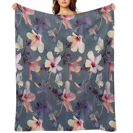 Butterflies And Hibiscus Flowers - A Painted Pattern Travel-friendly Throw Blanket
