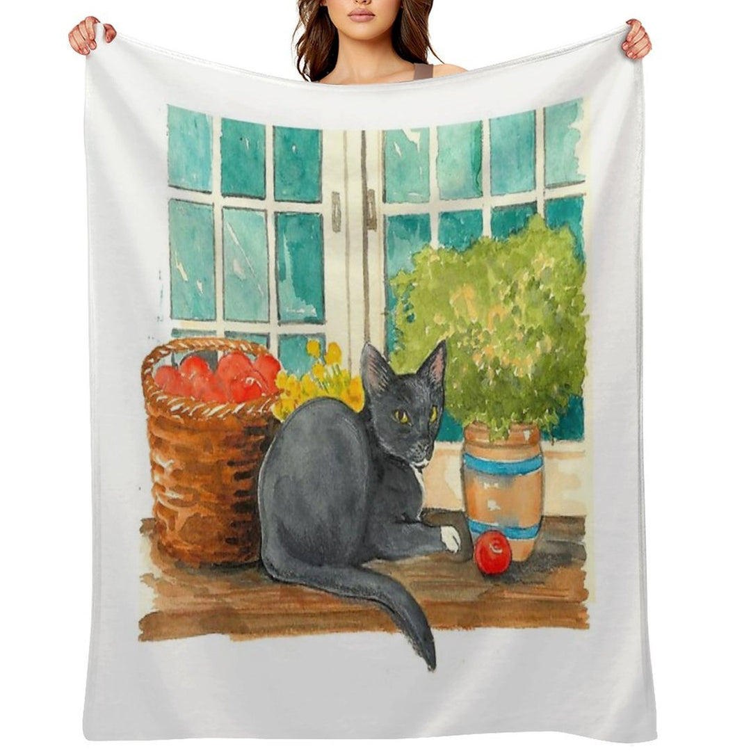 Black Cat on A Sunny Windowsill – Cozy Cottage Illustration Comfort Throw Blanket