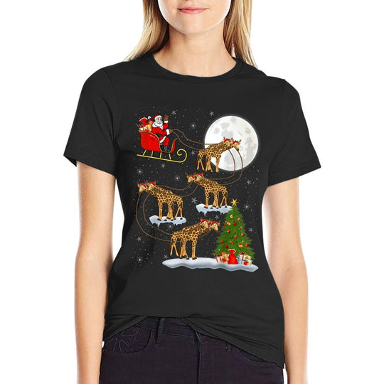 Funny Xmas Lighting Tree Santa Riding Giraffe Christmas Comfortable T-Shirt
