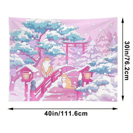 The Japanese Winter Shrine And Cute Cats Tapestry