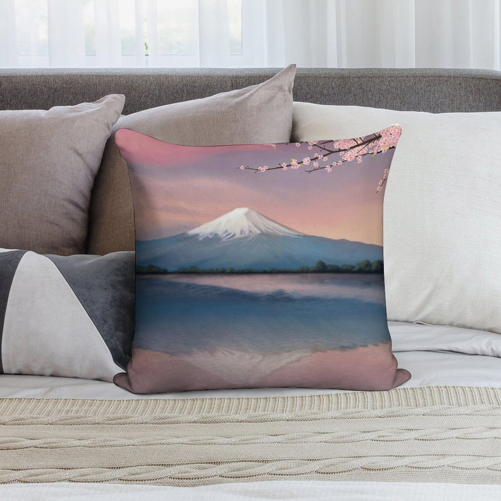 Mt Fuji with Cherry Blossoms Soft Fade-Resistant Throw Pillow