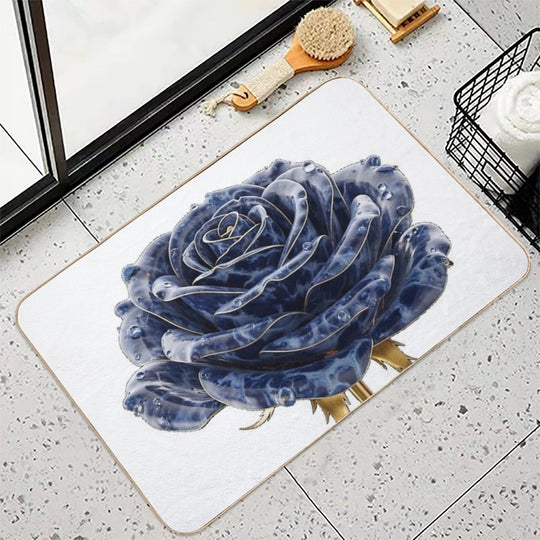 Blue Lapis Lazuli Rose with Golden Tiger Leaves  Easy To Clean Bath Mat