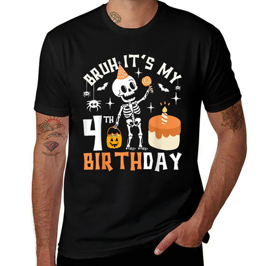 Halloween 4th Birthday Bruh-Funny Skeleton 4th Bday Kids Boy  Oversized Silhouette T-Shirt