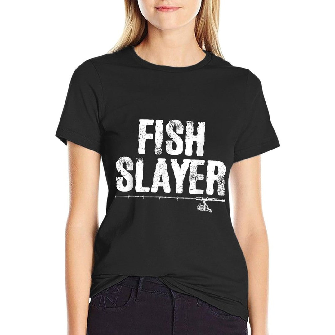Fish Slayer Fishing Rod Dad Fisherman Cool Fathers Day  Stretchy T-Shirt