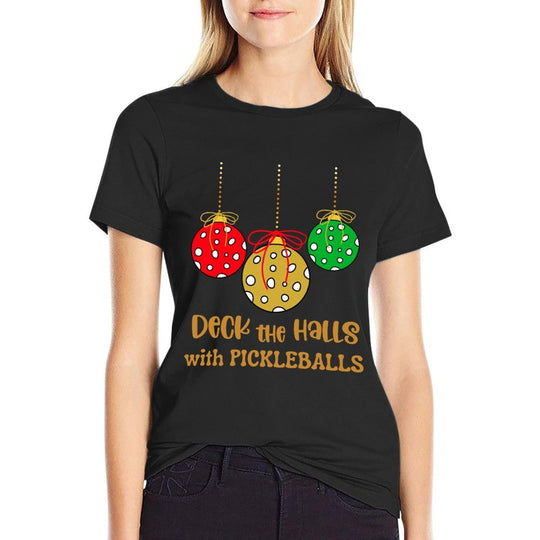 Christmas Pickleball Shirt, DECK THE HALLS with PICKLEBALLS  Wrinkle-resistant T-Shirt