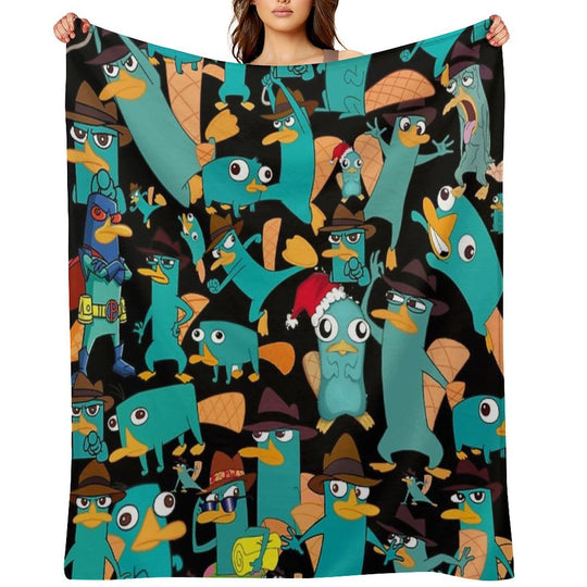 Perry The Platypus Phineas And Ferb Collage Pattern Design - Black Background Compact Throw Blanket