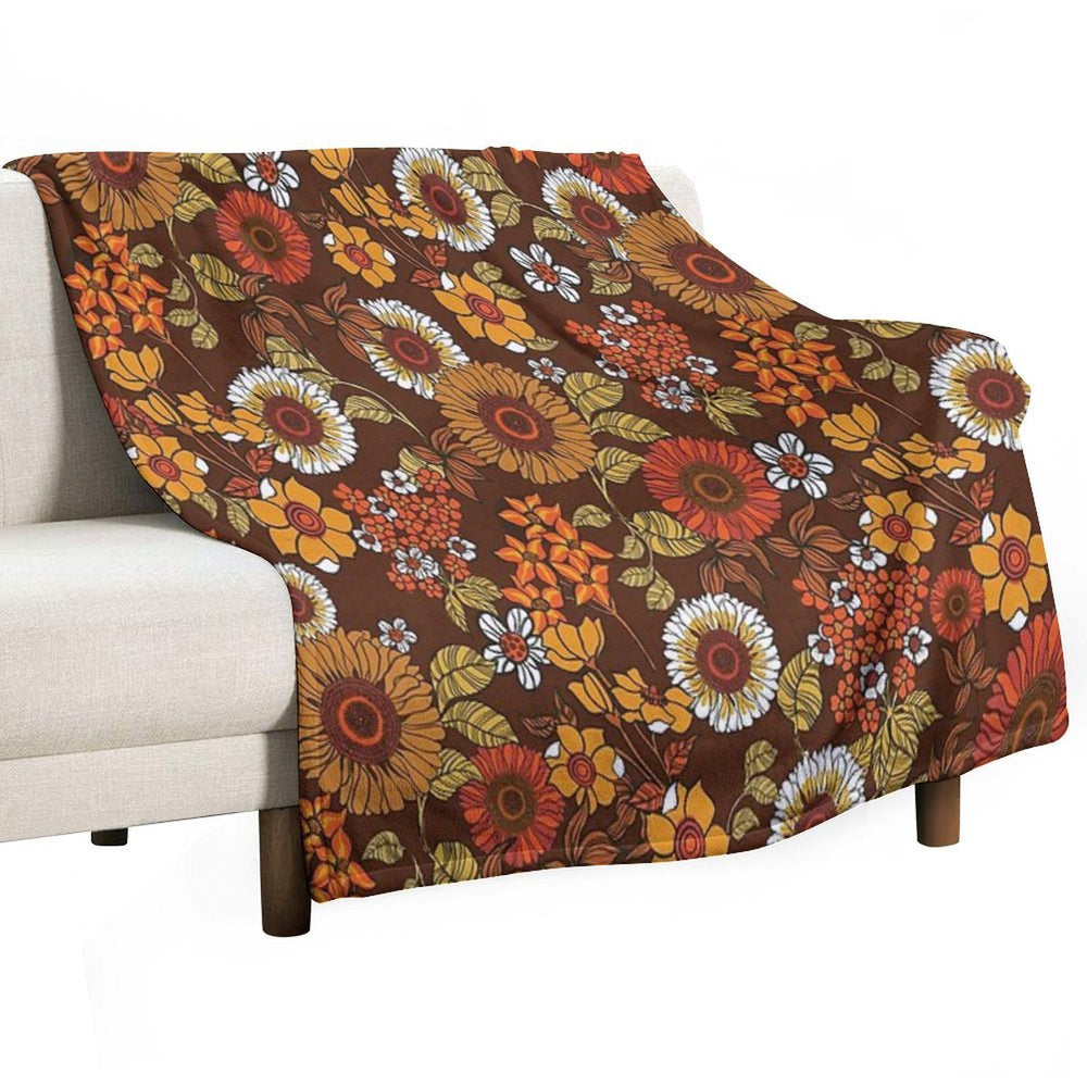 70s Vintage Boho Flowers, Orange, Browns, Hippie, Flower Power Velvety-soft Throw Blanket