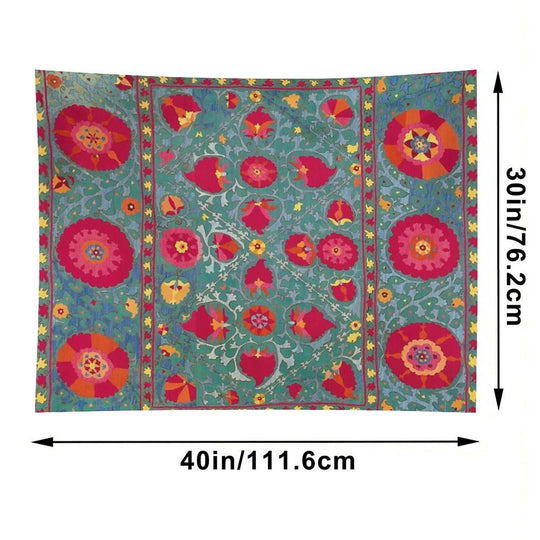 Bokhara Suzani Uzbekistan Embroidery Print With Sea Green Ground Print Tapestry