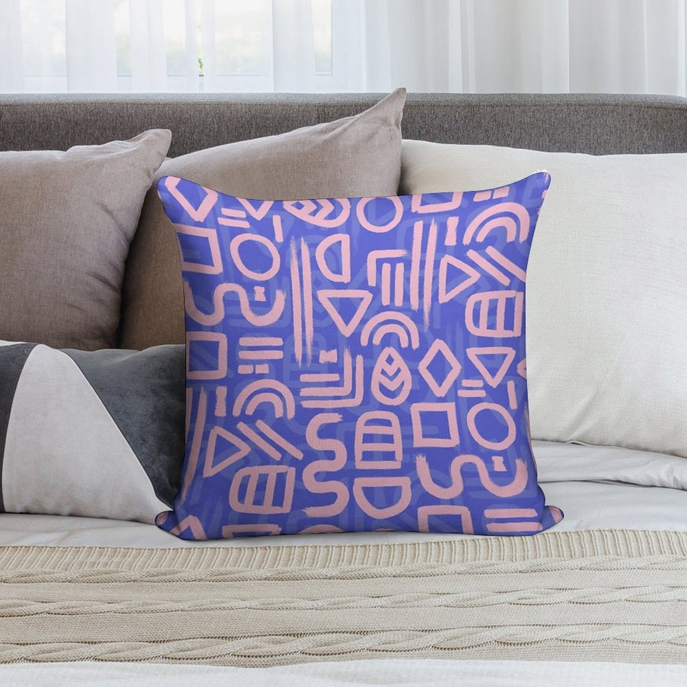 Shapes And Glyphs - Bold Brushstroke Abstract in Pink And Blue Soft Short Plush Fabric Throw Pillow