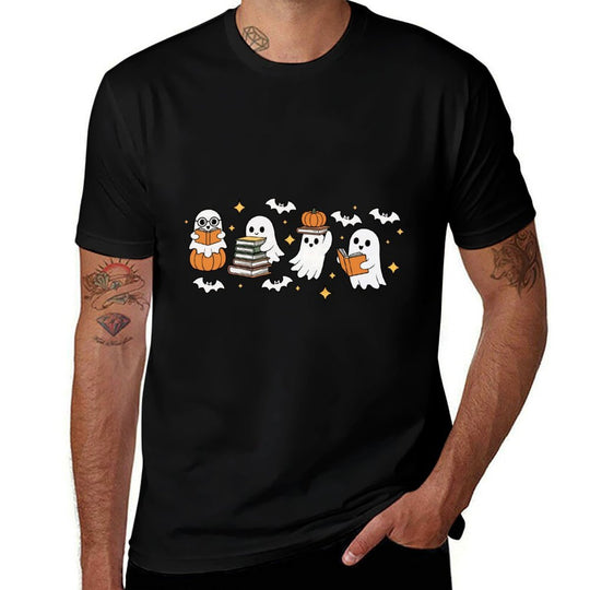 Funny Ghost Reading Books Halloween Ghost Book Teacher Kids  Ribbed Collar T-Shirt