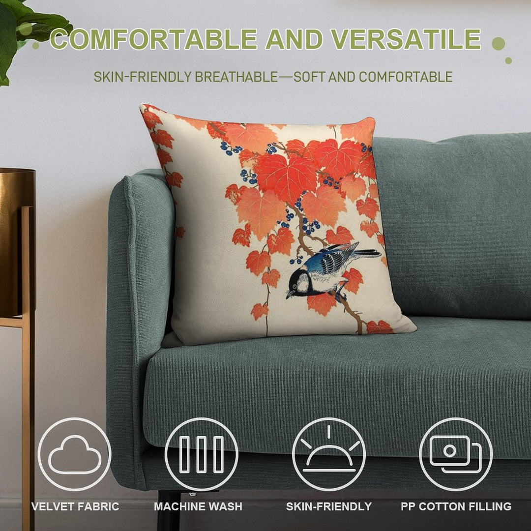 Vintage Japanese Jay And Autumn Grapevine Soft Anti-Pilling Throw Pillow