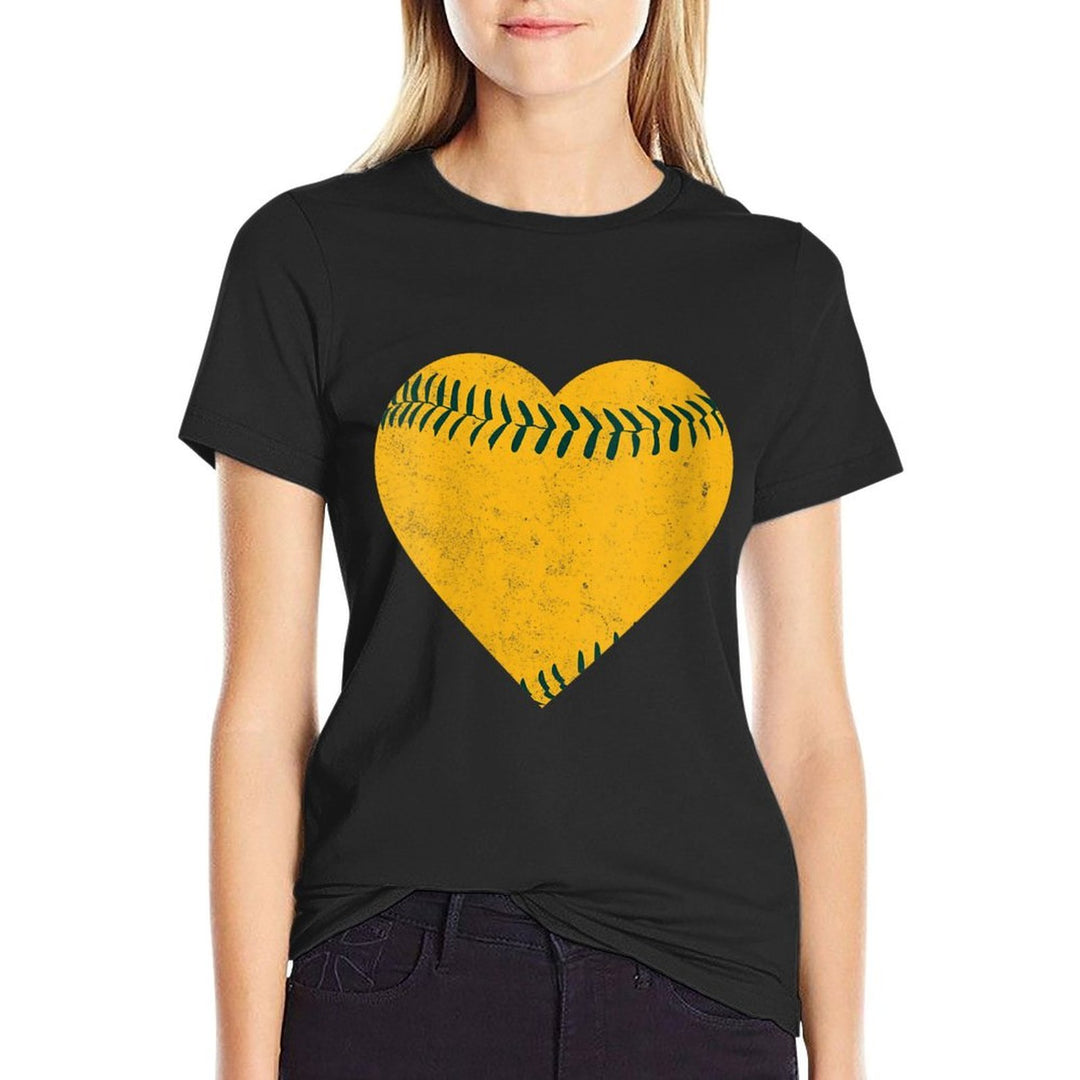 Womens Vintage Gold And Green Baseball Heart  Breathable T-Shirt