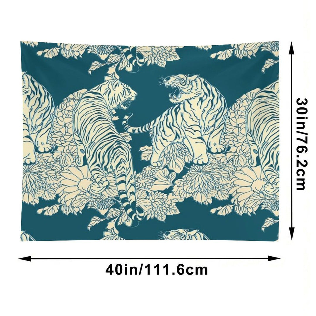 Teal And Cream Tigers And Flowers Tapestry