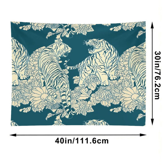 Teal And Cream Tigers And Flowers Tapestry