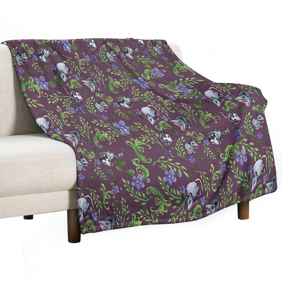 Opossum, Fern, & Violet Print Velvety-soft Throw Blanket