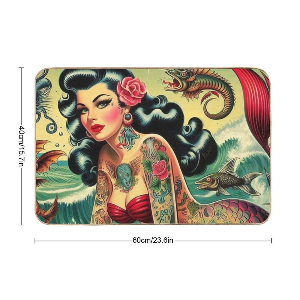 Retro Tattooed Mermaid  Multi-Purpose Bath Mat