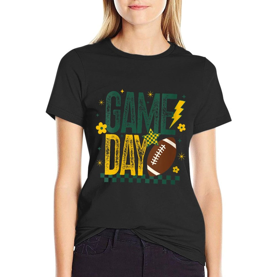 Womens Game Day Football Season Retro Green Gold Checker Touchdown  Breathable T-Shirt