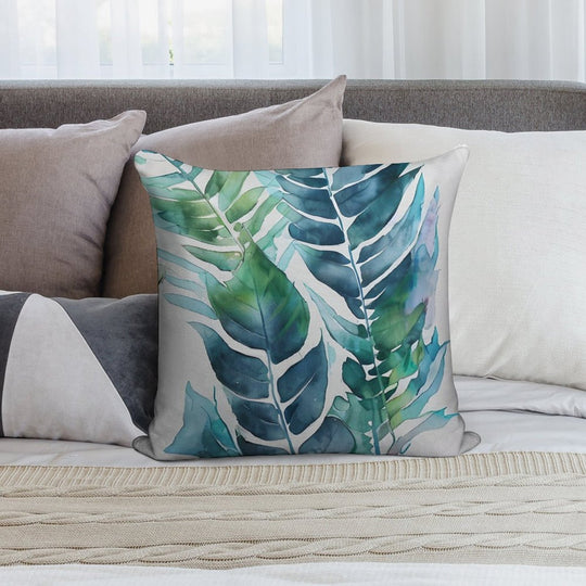 Tropical Blue Green Paradise Watercolor Leaves Soft Style Accent Throw Pillow