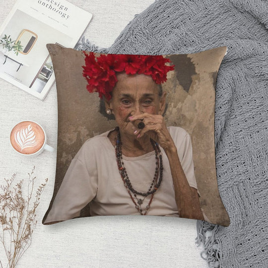 Old Lady Smoking Cuban Cigar in Havana Soft Ultra-Soft Texture Throw Pillow