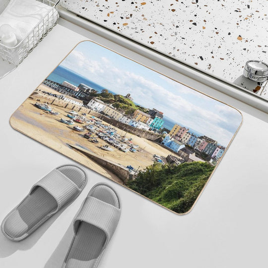 Pastel Houses, Tenby, Wales  Fade-Resistant Bath Mat