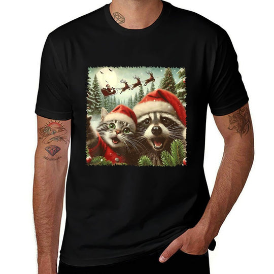 Cat Selfie With Santas Sleigh Weird Funny Raccoon Christmas  Summer-ready Fabric T-Shirt