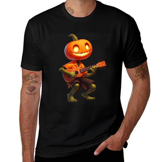 Pumpkin Face Playing Ukulele Halloween Costume Men Boys Kids  Versatile T-Shirt