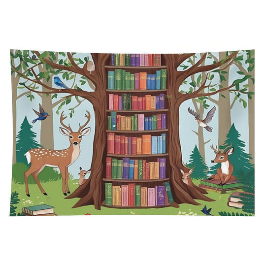 Enchanted Forest Library – Whimsical Book Haven Illustration Tapestry