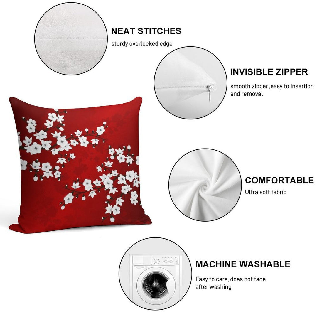 Cherry Blossom Red White Asia Floral Soft Short Plush Fabric Throw Pillow