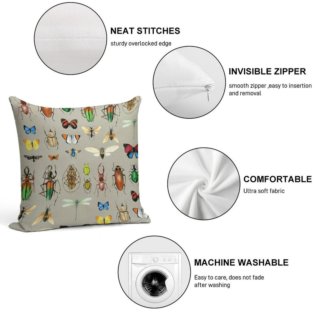 The Usual Suspects - Insects on Grey - Watercolour Bugs Pattern by Cecca Designs Soft Reinforced Edging Throw Pillow