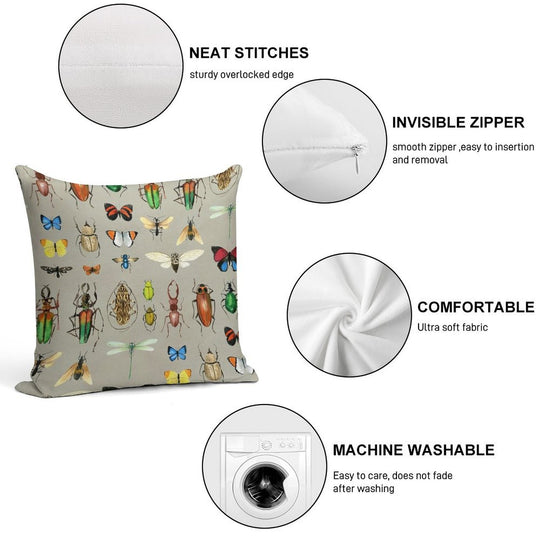 The Usual Suspects - Insects on Grey - Watercolour Bugs Pattern by Cecca Designs Soft Reinforced Edging Throw Pillow