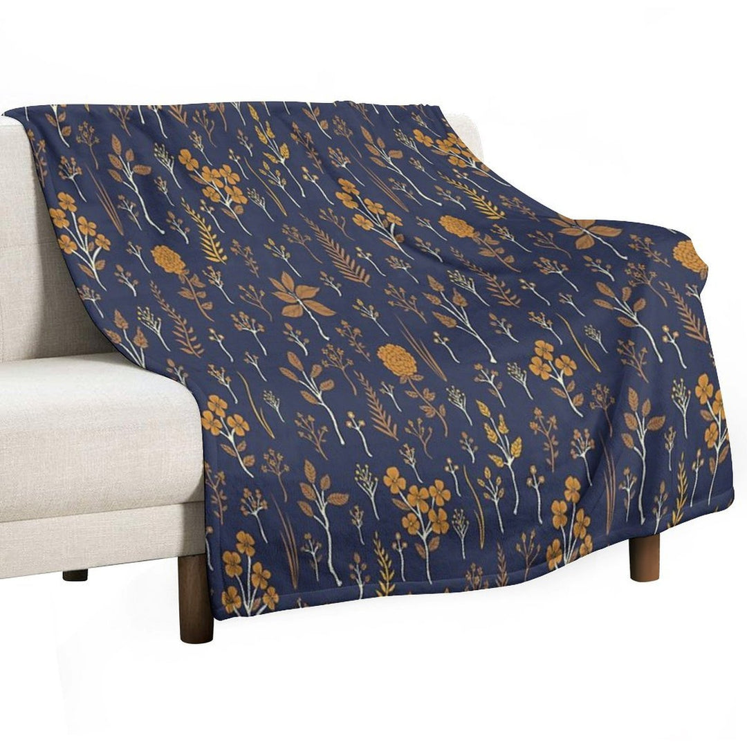 Navy Blue & Mustard Yellow Floral Pattern Comfort Throw Blanket