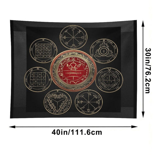 Gold Seal of Solomon over Seven Pentacles of Saturn on Black Canvas Tapestry
