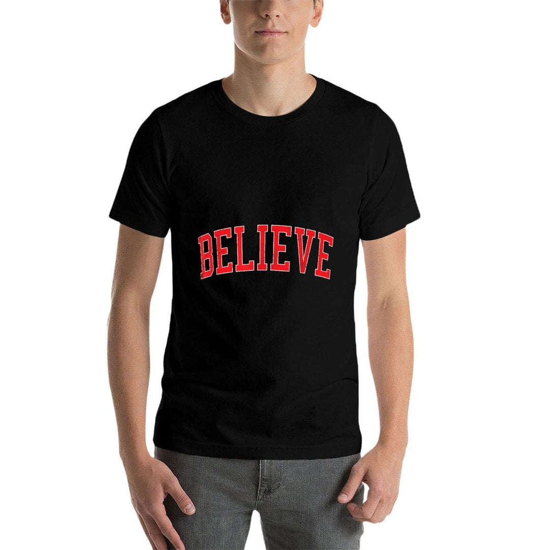 Believe Vintage Distressed Red Varsity Christmas  Graphic-printed T-Shirt