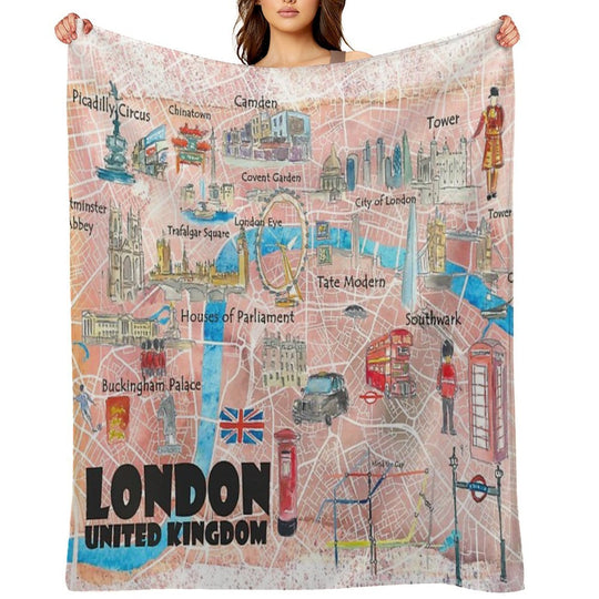 London UK Illustrated Map with Main Roads, Landmarks & Highlights Durable Throw Blanket