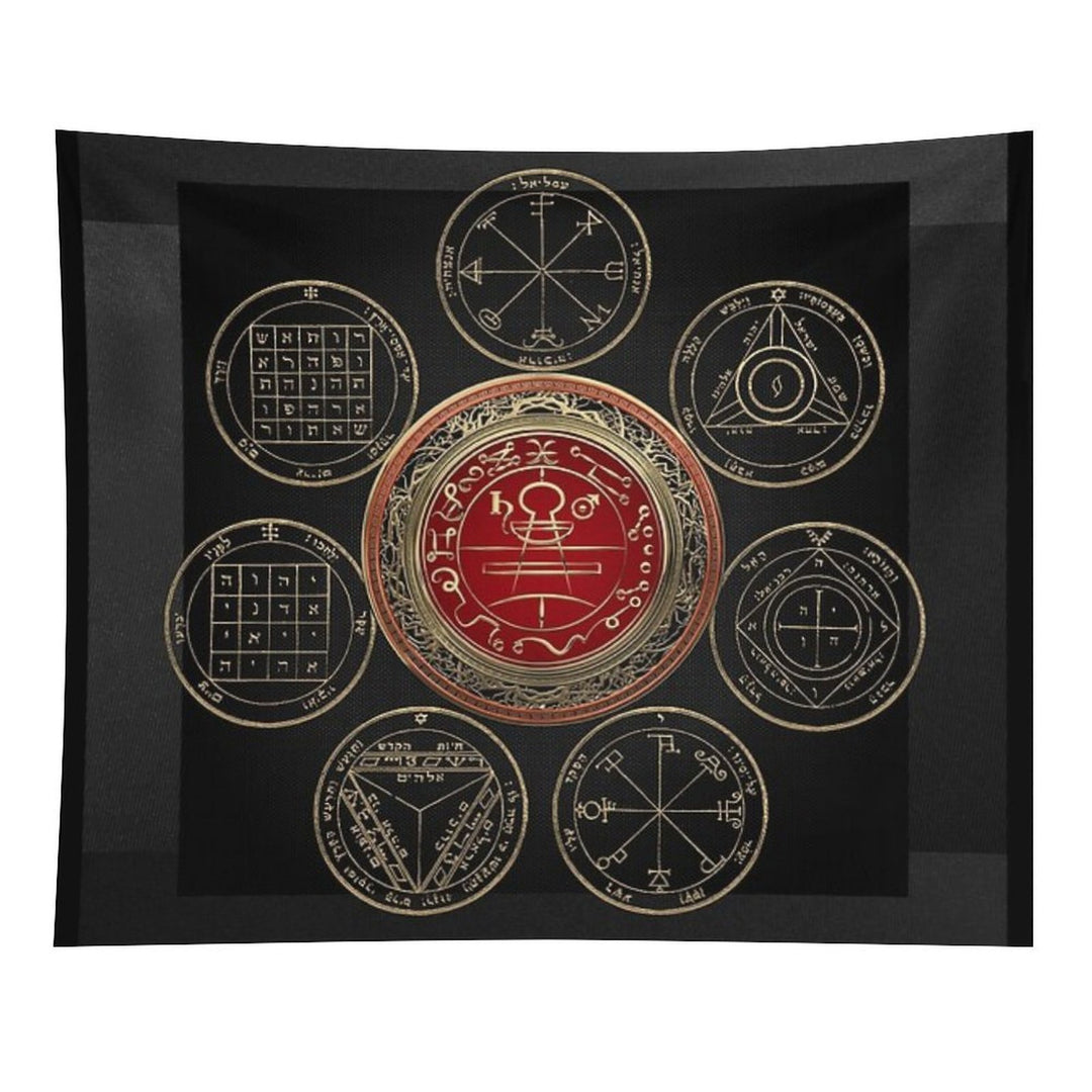 Gold Seal of Solomon over Seven Pentacles of Saturn on Black Canvas Tapestry