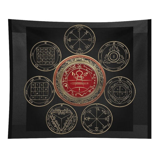 Gold Seal of Solomon over Seven Pentacles of Saturn on Black Canvas Tapestry