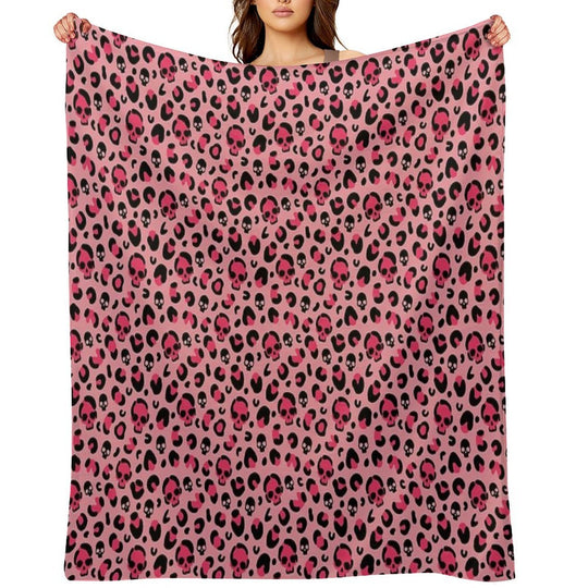 Skull Leopard Print on Pink Background. Machine-washable Throw Blanket