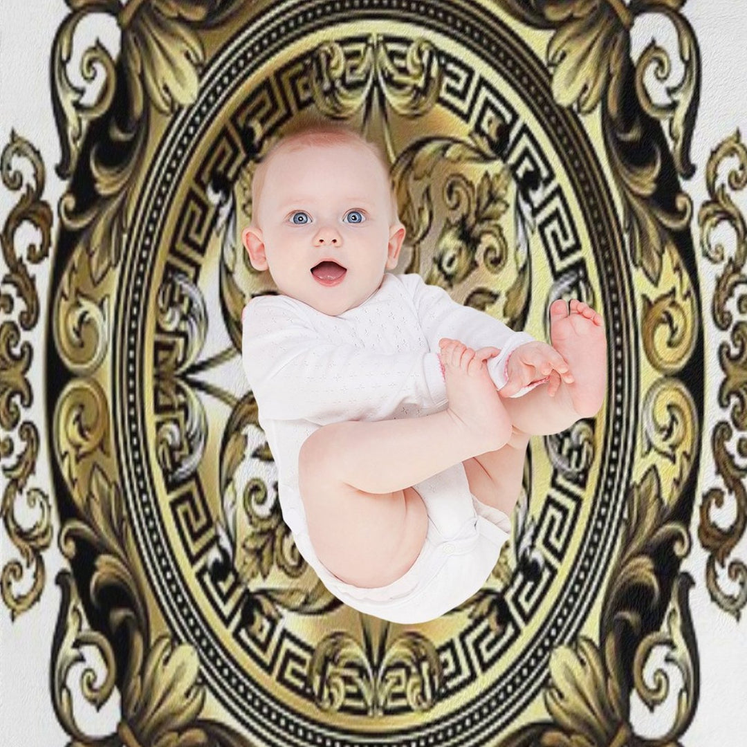 Ornate Baroque White Gold Black Greek Key Meander Sustainable Throw Blanket