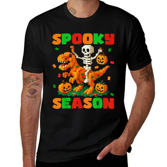Spooky Season Building Brick Skeleton Dinosaur Kids Toddlers  Trendy Pattern T-Shirt