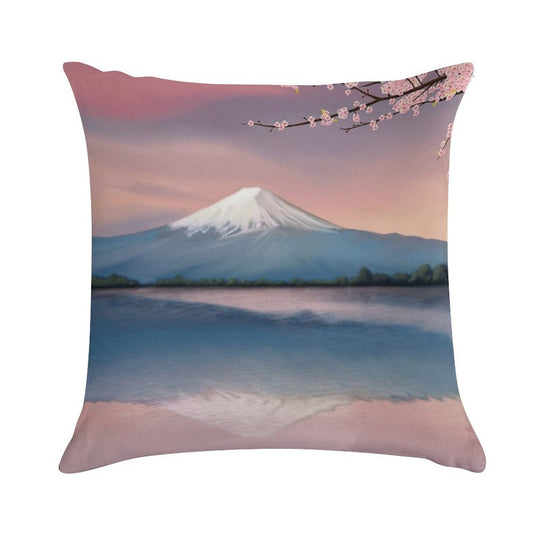 Mt Fuji with Cherry Blossoms Soft Fade-Resistant Throw Pillow