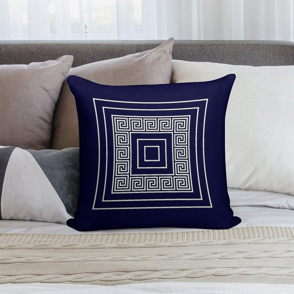 Navy Blue Greek Key Meander Framed Squares Soft Hidden Zipper Throw Pillow