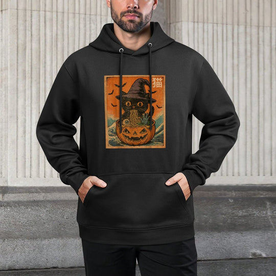 Spooky Black Cat Eating Ramen Japanese Halloween Women Girl Relaxed Fit Hoodie
