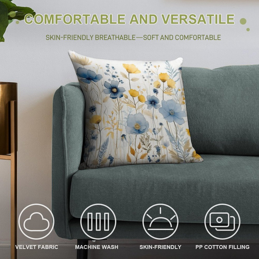 Blue And Yellow Wildflowers, Watercolour  Boho Flowers Soft Shrink-Resistant Throw Pillow